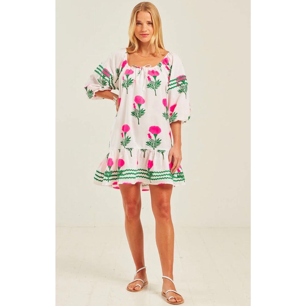 PINK CITY PRINTS Stella Dress Block Print Neon Marigold Pockets Size Small